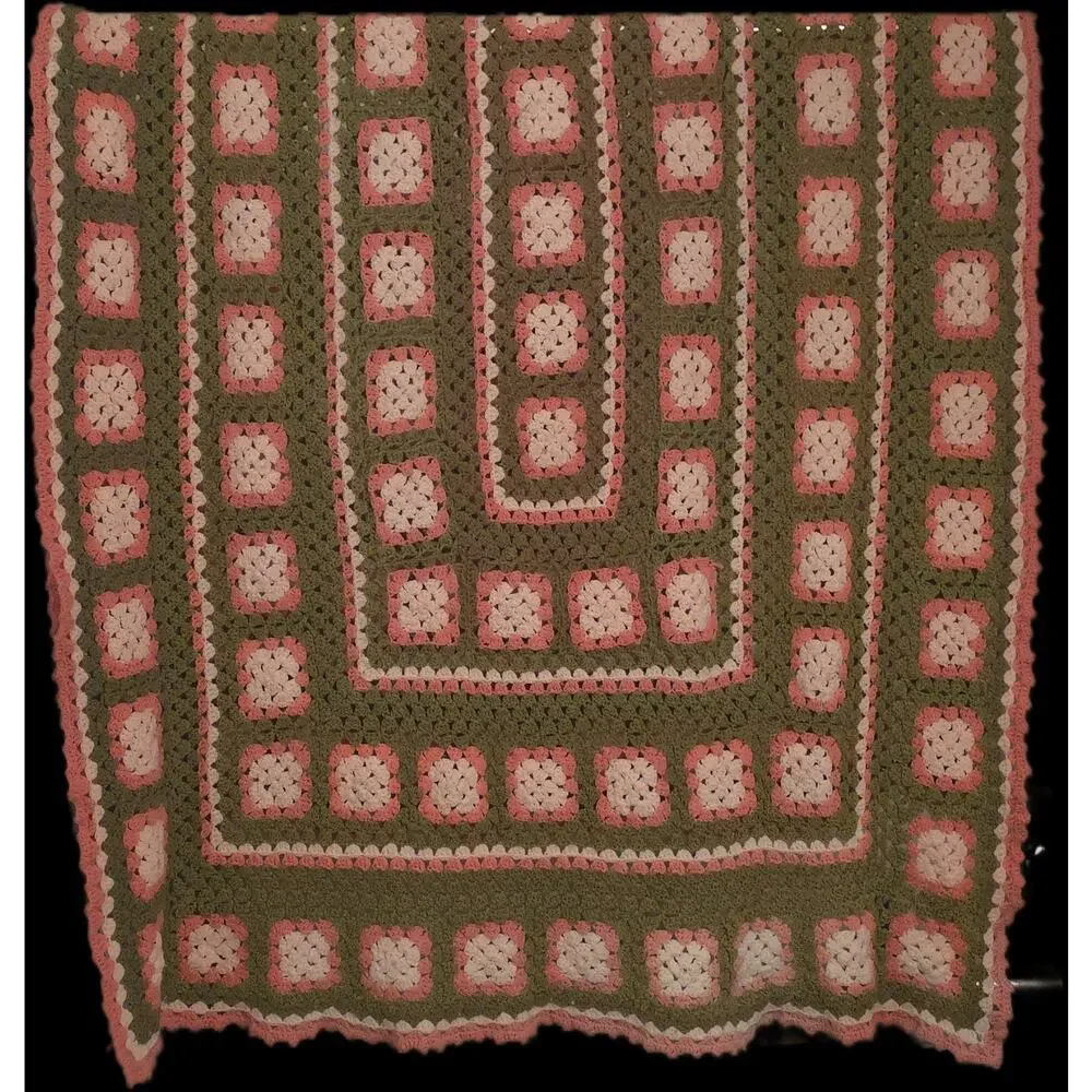 Vintage Crochet Granny Square Pink Green White Afghan Throw Blanket 78